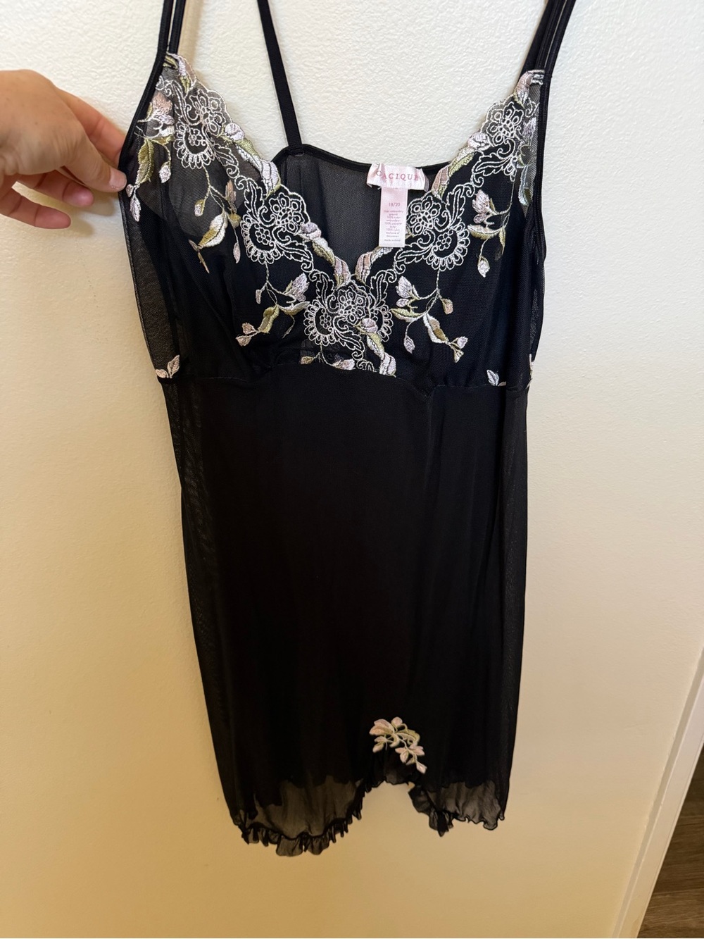 Cacique Black Slip with Pink and Light Green Floral Embroidery